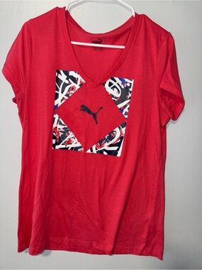 Puma Red V-Neck Graphic Tee with Navy Accent